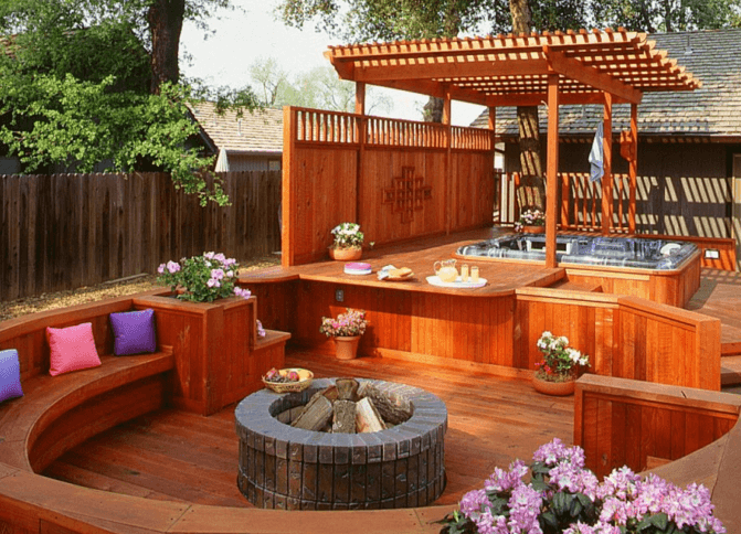 Wood Deck with Pergola and Hot Tub